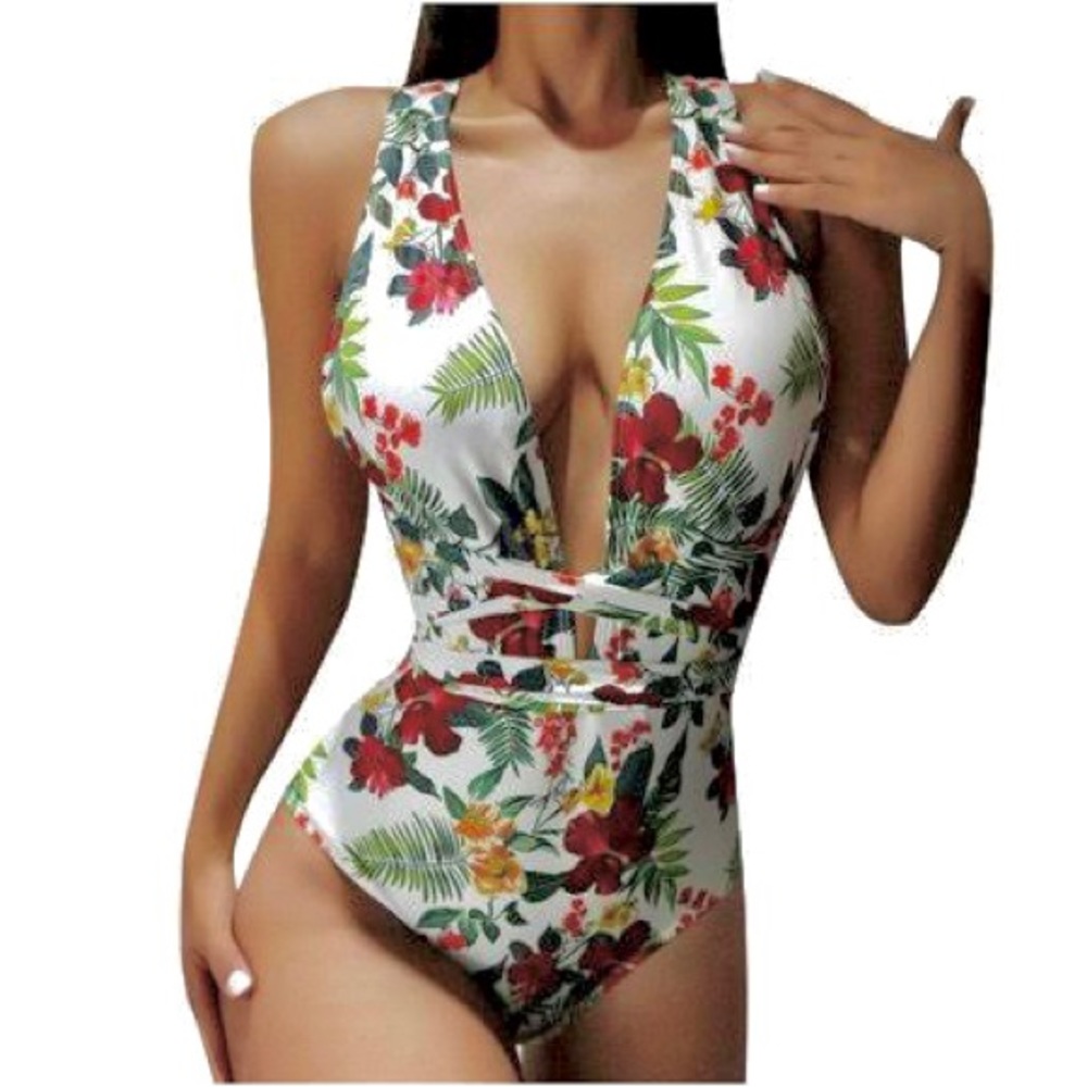 🌿🌴 Sexy Deep Plunge Tropical Print Swim Suit